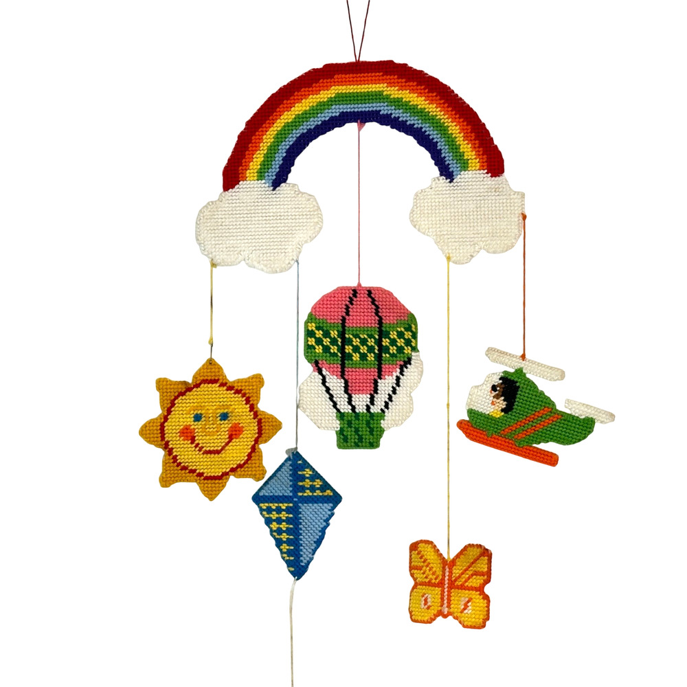 Needlepoint Rainbow Mobile Wall Hanging Vintage 70s Nursery Dimensions Kit #2122